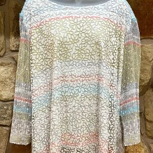 Ali Miles 2X Burnout Overlay Mesh Floral Stripe 3/4 Sleeve Tunic Top Beach Artsy